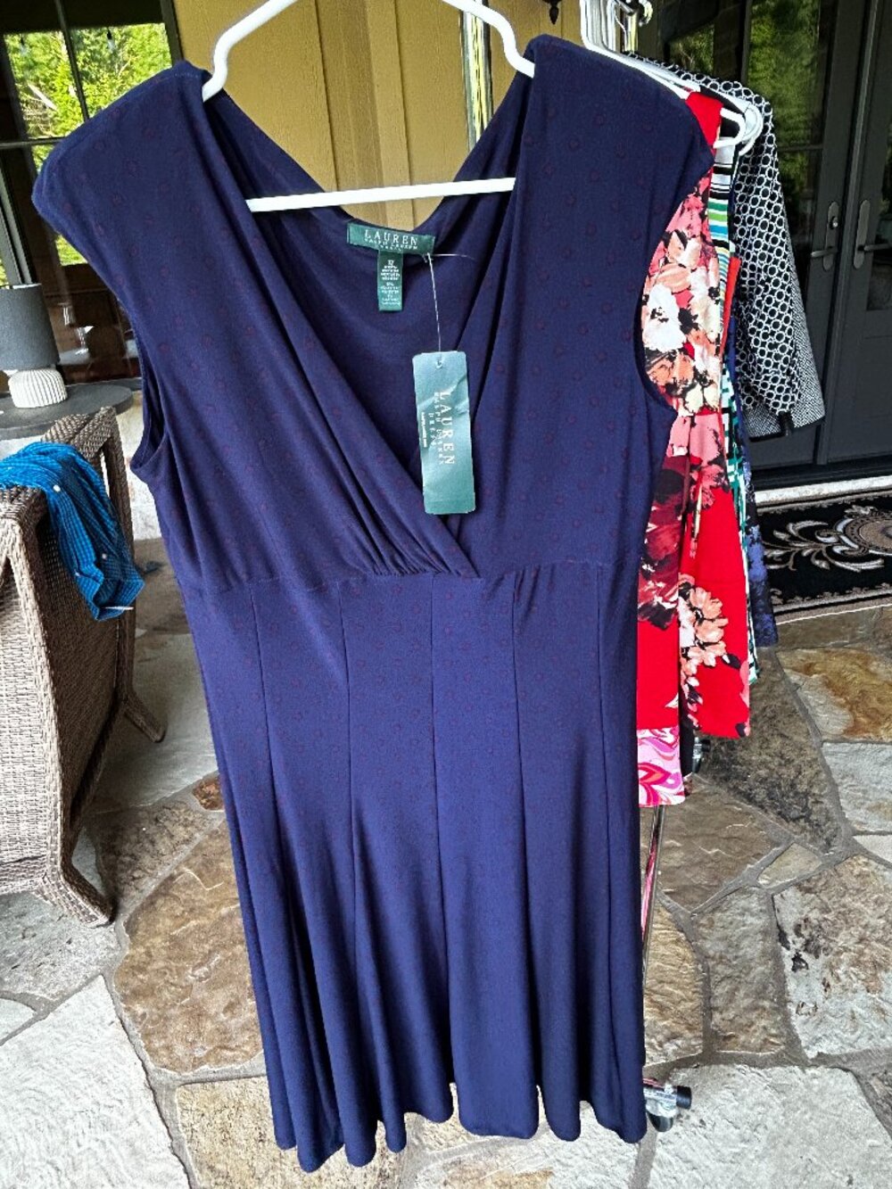 NWT Lauren Ralph Lauren Navy Wine Dot Dress 12